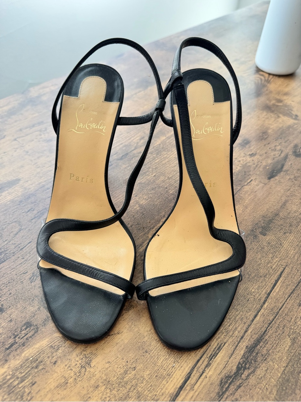 Christian Louboutin Black Leather Curved-Strap Heels
